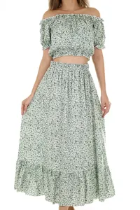Mint Çiçekli Crop Bluz Etek Takım