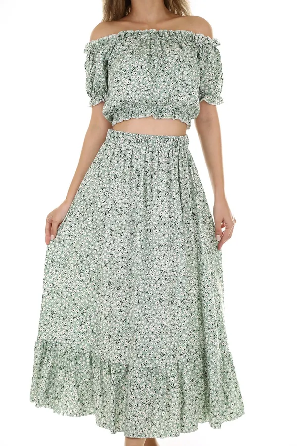 Mint Çiçekli Crop Bluz Etek Takım