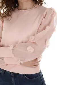 Pudra Çiçek Aplikeli Bluz