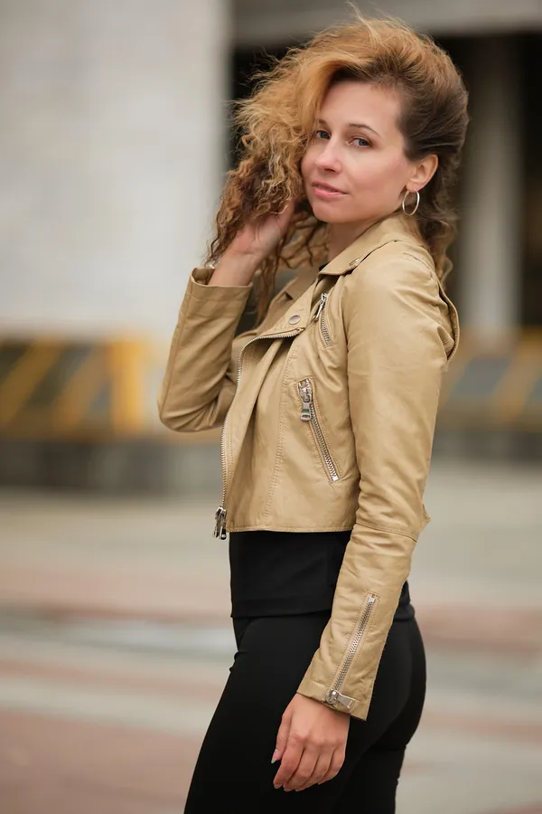 Bej Deri Biker Ceket
